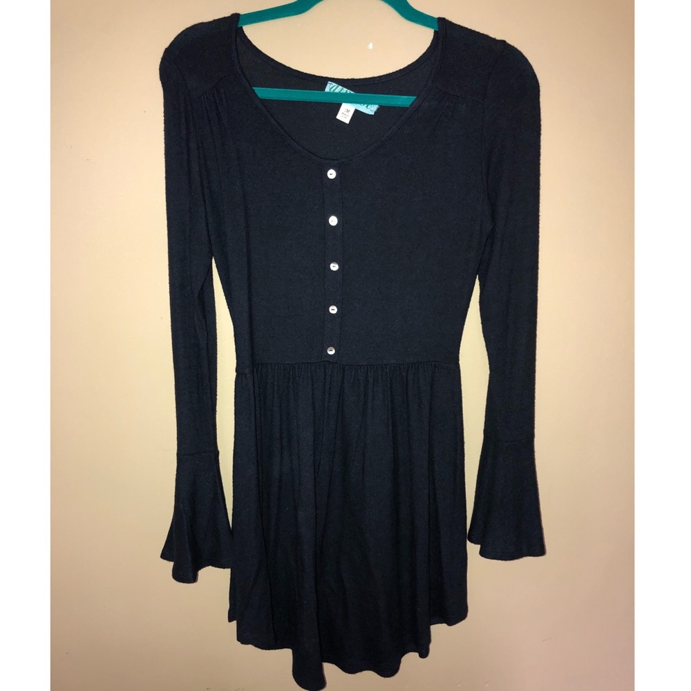 Navy Bell Sleeve Dress with button detail